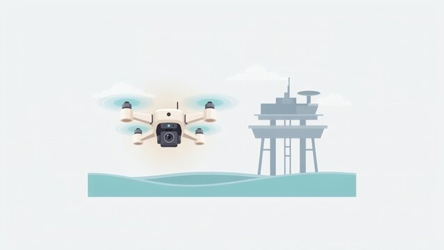 Drone flying near an offshore platform on the ocean