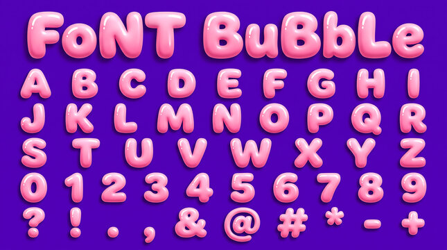 3D glossy pink alphabet and number set with punctuation marks on a solid purple background