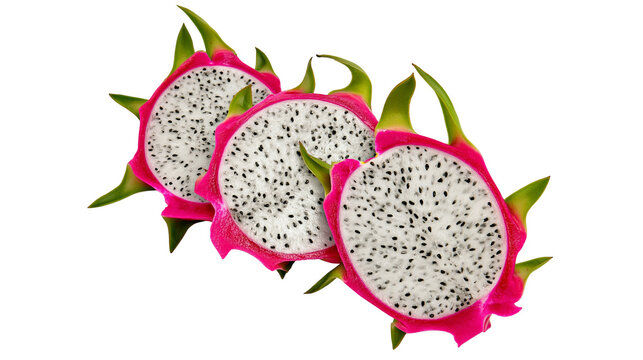 Three fresh sliced dragon fruit halves with pink skin and white speckled flesh