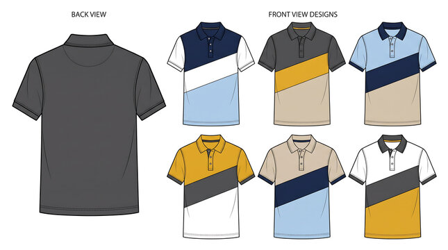Polo shirt design template with color variations for fashion illustration and custom apparel manufacturing
