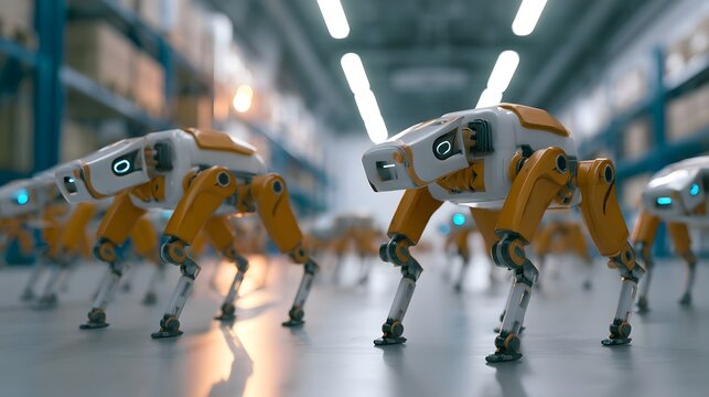 A line of robotic quadrupeds moves in unison through a brightly lit industrial warehouse aisle with high shelves in the background