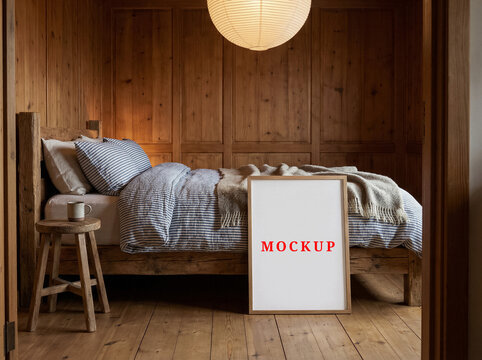 Minimalist house interior poster mockup, blank wall frame mockup template.