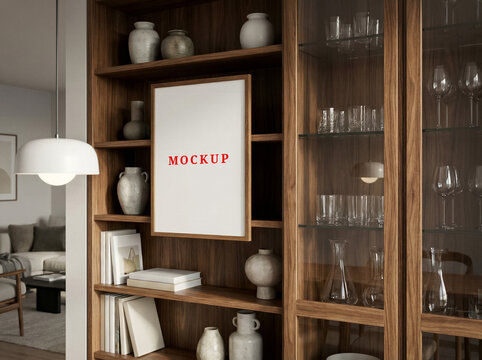 Minimalist house interior frame, blank wall frame mockup template, modern interior poster mockup template.