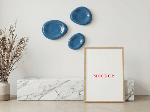 Minimalist house interior poster mockup, blank wall frame mockup template for modern art.