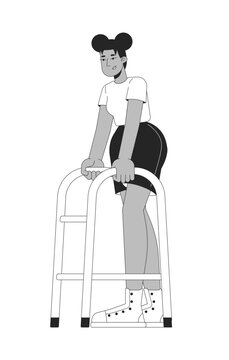 Black woman using medical mobility walker frame line art character. Female patient focusing on physical therapy rehabilitation isolated vector outline person. Black and white spot illustration