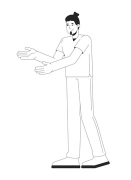 Male physiotherapist in scrubs with supporting gesture line art character. Friendly healthcare worker offering guidance. Therapist assisting isolated outline person. Black and white spot illustration