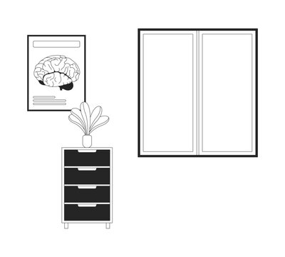 Neurology rehabilitation clinic interior flat line illustration. Brain anatomy poster with filing cabinet and window. Medical office 2D outline room isolated. Black and white cartoon vector image