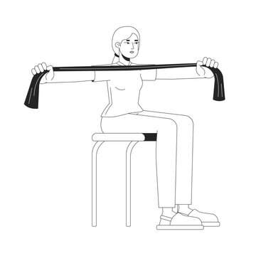 Female nurse in medical scrubs demonstrating resistance band stretch line art character. Therapist showing rehabilitation exercise isolated vector outline person. Black and white spot illustration