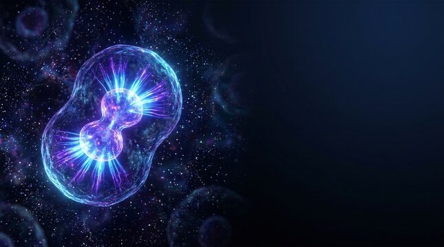 Microscopic cell division mitosis process with luminous nucleus and glowing rays