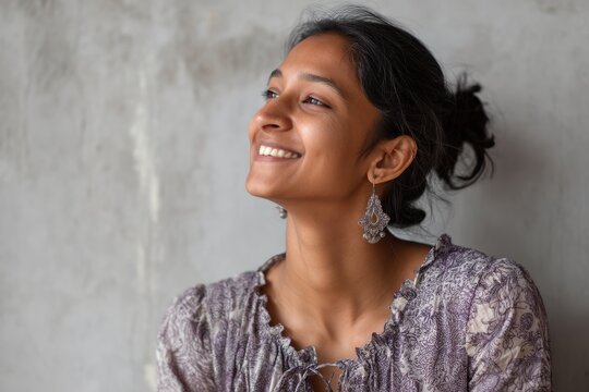 Portrait of a satisfied indian woman in her 30s smiling at the camera while standing against minimalist or empty room background