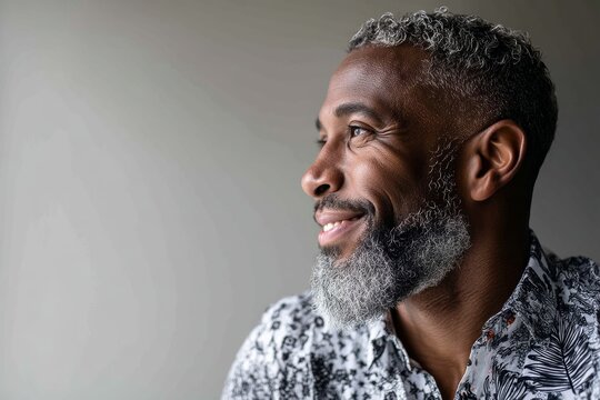 Portrait of a satisfied afro-american man in his 40s smiling at the camera in minimalist or empty room background
