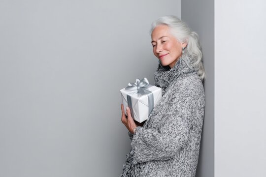 Portrait of a blissful woman in her 70s holding a gift while standing against minimalist or empty room background