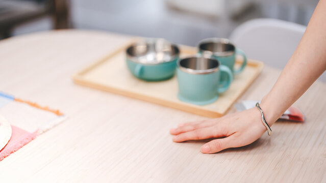 Woman choosing table product home accessories shopping buying new furniture interior at warehouse showroom