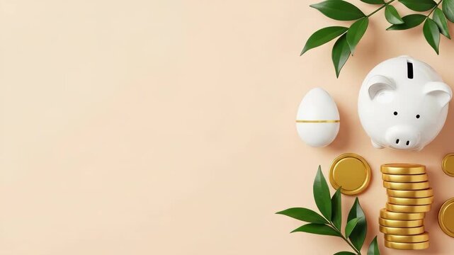 White piggybank with golden easter egg and stacked coins surrounded by green leaves on beige background. Savings and prosperity concept for easter holiday. Financial planning with spring festive