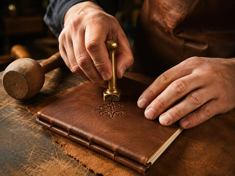 A man meticulously applies an embossed seal to a brown leather-bound journal on a dark wooden table.