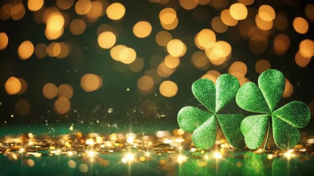 Sparkling green shamrocks with golden coins on warm bokeh background. Saint Patrick's Day, St Paddy's Day, St Patty's Day - Irish National Holiday and Cultural Celebration