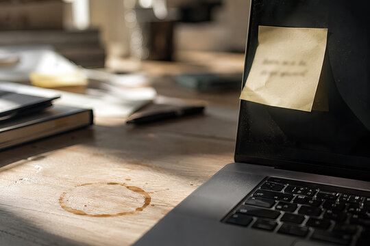 A yellow sticky note on a silver-grey laptop, bathed in warm sunlight.