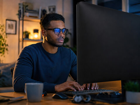 A man sits at a desk, intently typing on a computer keyboard in a dimly lit room.