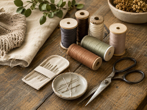 A collection of sewing supplies rests on a weathered wooden table, arranged to suggest the act of preparing for a craft project.