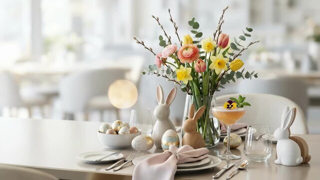 Easter table setting with colorful decorated eggs and white rabbit figures. Spring floral arrangement of tulips daffodils and pussy willows in vase. Festive holiday decoration for seasonal dining