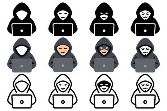 フード姿のハッカーとノートパソコンのアイコン12点セット、シルエット・カラー・線画素材