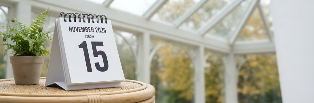 November 2026 desk calendar showing Sunday the 15th on a wicker table, spiral bound paper calendar with green potted plant in a bright sunroom, autumn schedule and planning concept.
