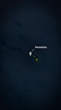Vertical satellite map zoom to Honolulu, Hawaii with a location pin marker and text. Perfect for short-form social media travel promos, mobile app backgrounds, and digital advertising campaigns.

