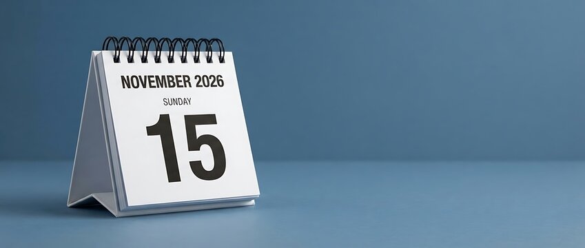 November 2026 desk calendar showing Sunday the 15th on a blue background, minimalist spiral bound paper calendar for business planning, clean white flip calendar with copy space