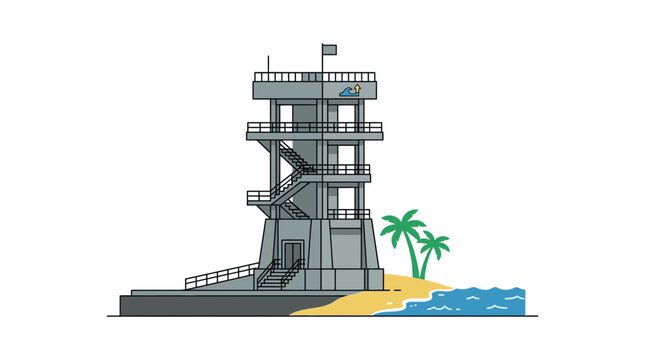Modern multi-story coastal watchtower on a sandy beach flat vector illustration