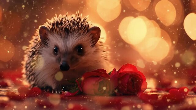 Adorable hedgehog with red roses and heart petals on warm bokeh background. The 14th of February. Happy Valentine's Day