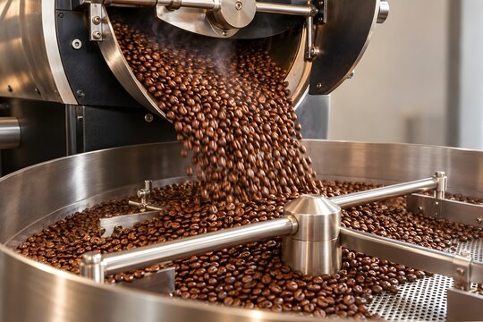 Roasted coffee beans pouring from a roaster drum into a cooling tray