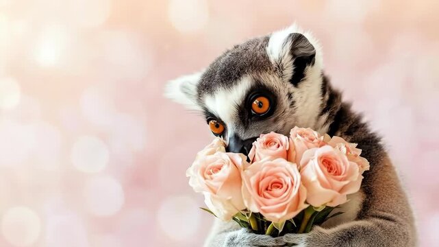 Ring-tailed lemur holding pink roses against sparkling background. The 14th of February. Happy Valentine's Day