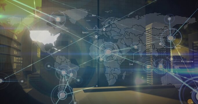 Glowing digital map with network nodes floating above office desk linking Spain and China