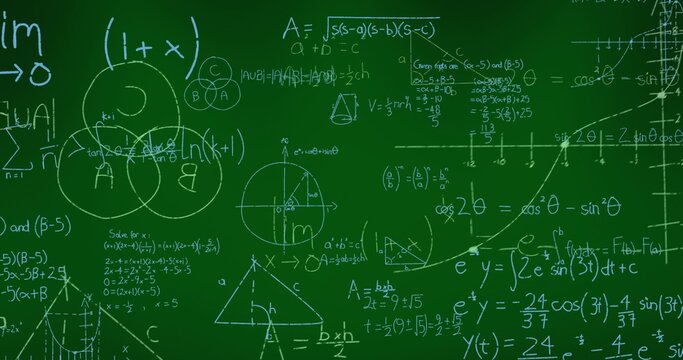 Green chalkboard displaying white chalk equations, formulas and Venn diagrams, copy space
