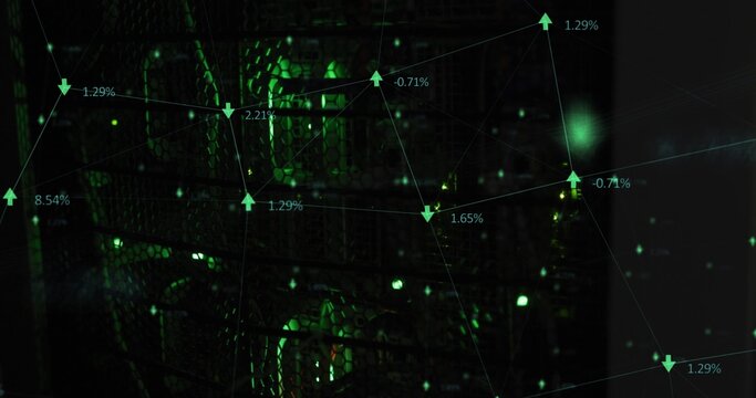 Glowing green nodes connecting with lines on dark backdrop with green arrows and percent labels