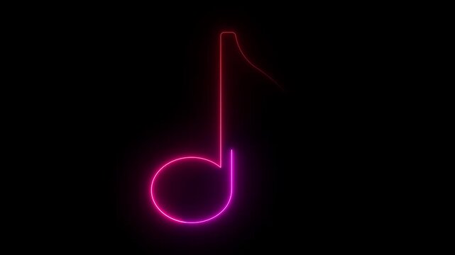 A partially formed neon pink eighth note with a subtle red glow on a dark black background representing incomplete music