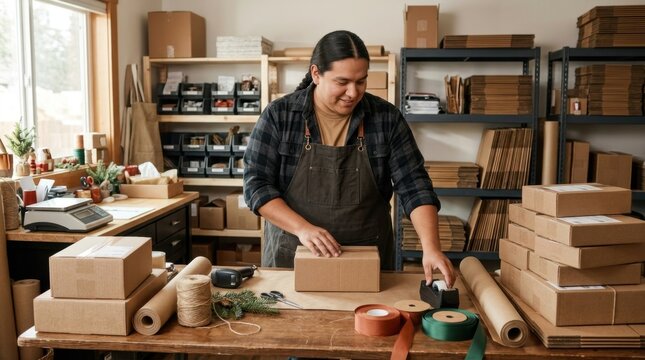 Small business owner prepares Christmas orders at a handmade goods packaging station
