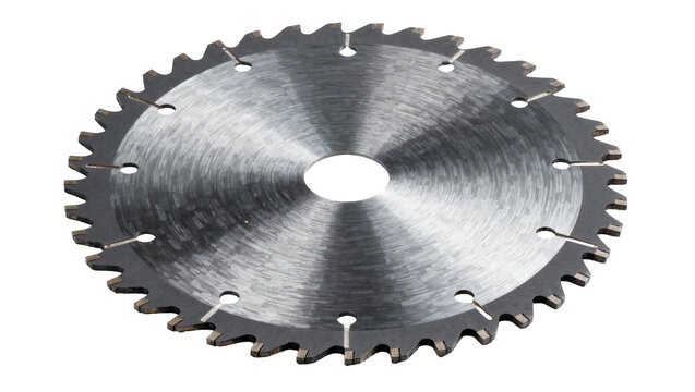 Circular saw blade with sharp teeth and metal construction, isolated on transparent background