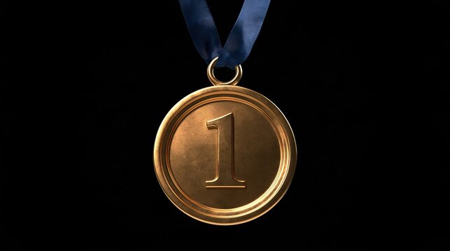 Shiny golden first place winner medal with blue ribbon hanging against plain black background showing champion victory award and first prize achievement concept