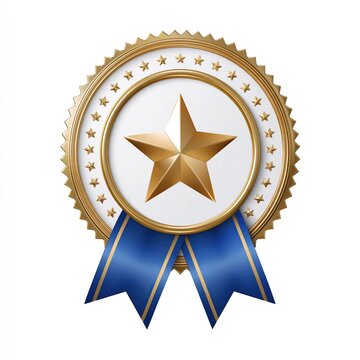 Luxury 3D gold star award badge with small gold stars border and blue ribbon on plain white background for winner best quality achievement award concept