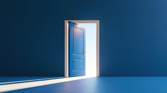 Open blue door on deep blue wall with bright sunlight streaming in from outside representing new opportunities change and fresh beginning in empty interior space