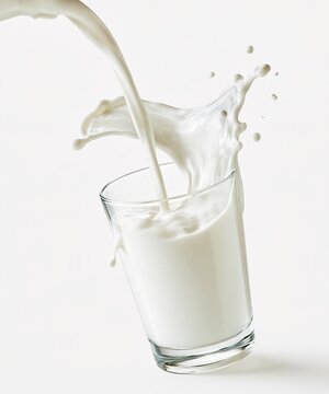 Fresh white milk pouring into clear transparent glass with beautiful splash on plain white background for healthy dairy drink and daily nutrition concept