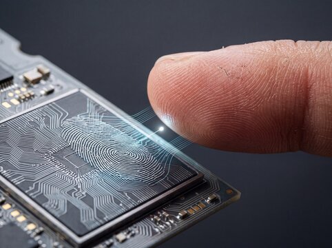 Human finger touching neural AI microchip, biometric sensor, brain computer interface and cybernetic technology concept