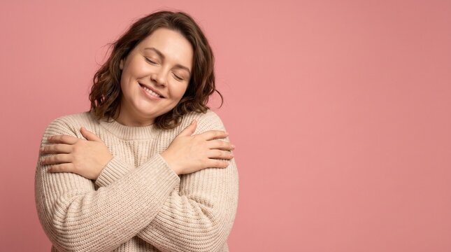 A happy plus size woman in a warm beige sweater hugs herself with eyes closed against a soft pink background.
