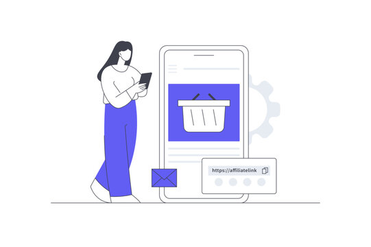 Affiliate Link Marketing and E-Commerce Shopping Cart URL Promotion. Female Specialist Holding Phone near Smartphone Screen Displaying Shopping Basket and Referral URL Flat Cartoon Vector Illustration