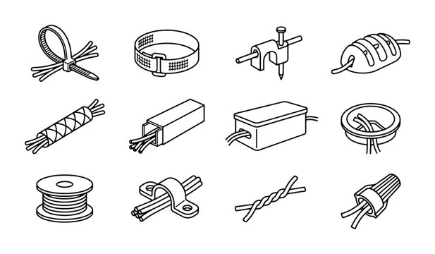 Cable management line icons set with zip tie, strap, conduit, wire nut and spool for electrical and construction