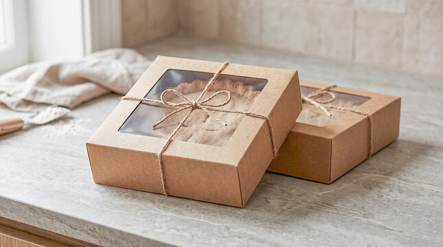 Craft cardboard boxes tied with twine containing a pie on a light kitchen counter, concept of eco friendly packaging, bakery delivery, and homemade pastry