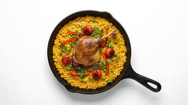 Delicious duck confit with yellow rice and vegetables served in a black cast iron skillet pan. duck confit paella