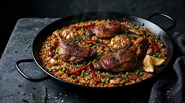 Delicious traditional spanish paella with rabbit meat and vegetables in a metal pan. duck confit paella