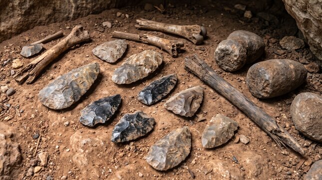 Ancient archaeological artifacts including carved stone tools, flint arrowheads, bone fragments and primitive wooden handles arranged on a dirt ground inside a cave shelter   